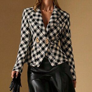 Black And White Casual Women's Plaid Double-Breasted Suit Jacket